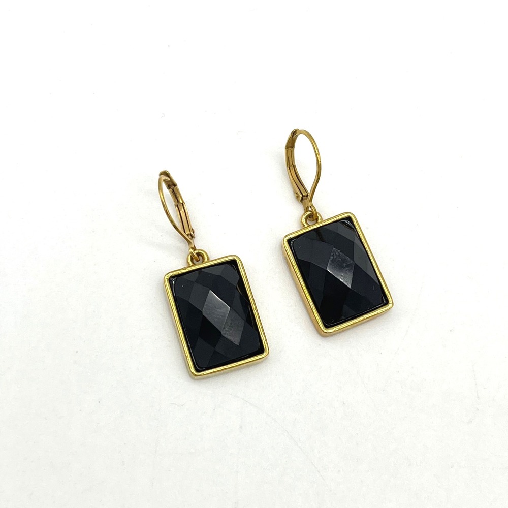 Vintage Joan Rivers China Gold Tone Black Faceted Drop Dangle‎ Earrings